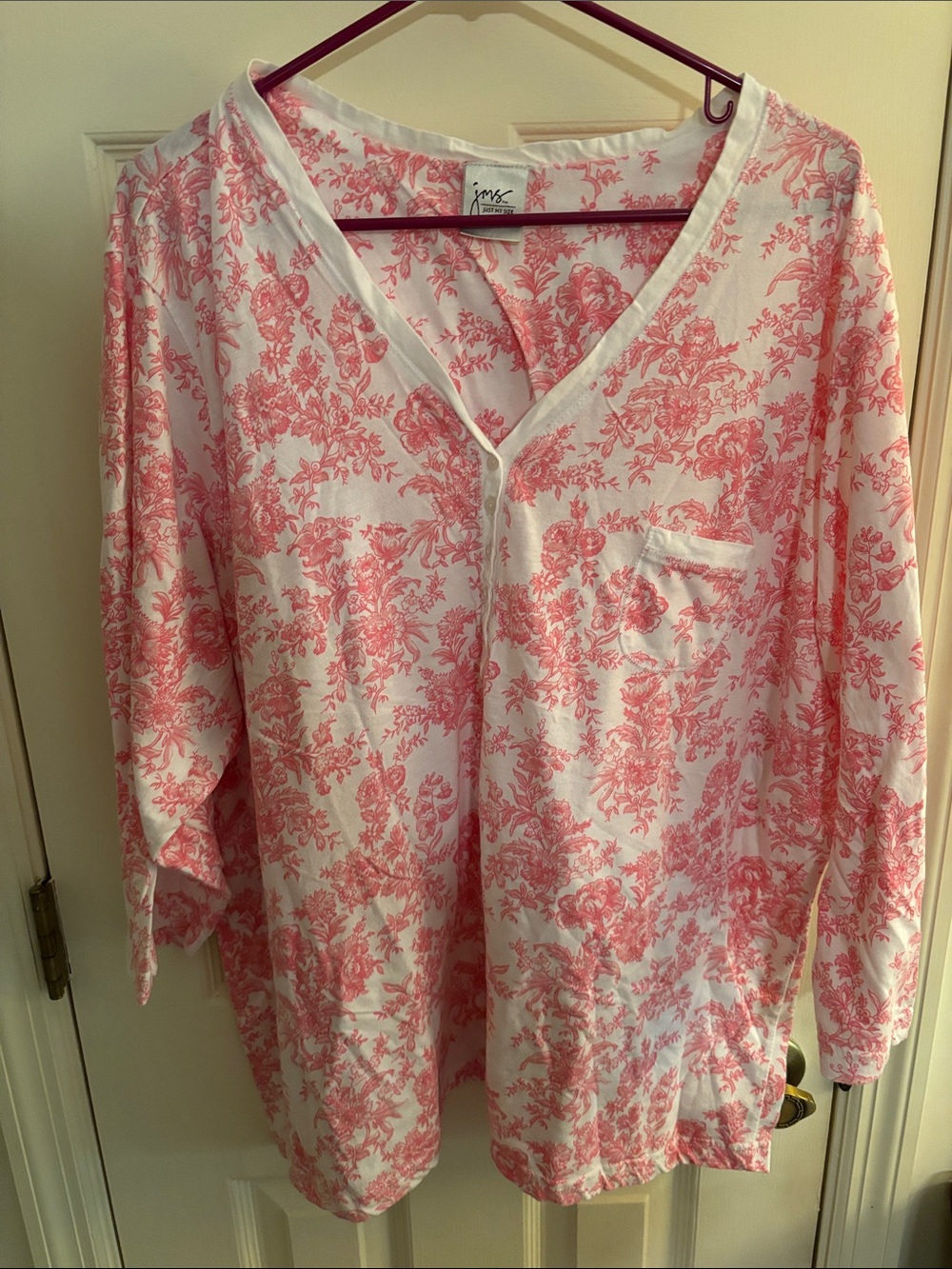 Just My Size White and Pink Floral V-Neck Pajama Top